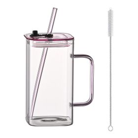 1 Pcs Pink Glass Straw Cup, 4 Colors Square Glass Cup With Straw And Lid, High Borosilicate Glass Cup, Milk Cup, Juice Cup, Cold Drink Cup, Coffe (Option: Pink)