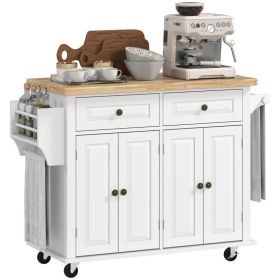 Kitchen Island Cart with Rubber Wood Top, Rolling Kitchen Island Table on Wheels with Drawers, Adjustable Shelves, Spice Rack and Towel Rack for (Option: White-1040x555x210 mm)