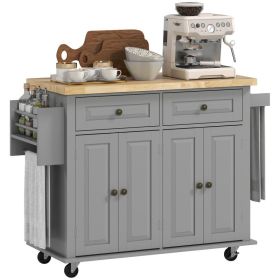 Kitchen Island Cart with Rubber Wood Top, Rolling Kitchen Island Table on Wheels with Drawers, Adjustable Shelves, Spice Rack and Towel Rack for (Option: Grey-1040x555x210 mm)