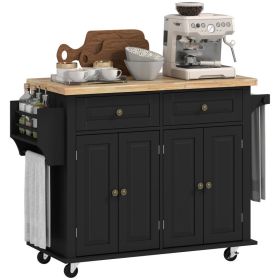Kitchen Island Cart with Rubber Wood Top, Rolling Kitchen Island Table on Wheels with Drawers, Adjustable Shelves, Spice Rack and Towel Rack for (Option: Black-1040x555x210 mm)