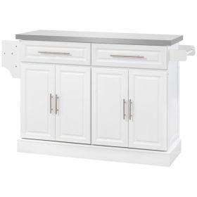 Rolling Kitchen Island Cart with Wheels, Portable Island Table for Kitchen with Stainless Steel Top, Adjustable Shelves, 2 Drawers, Spice, Knife (Option: White-930x485x210 mm)