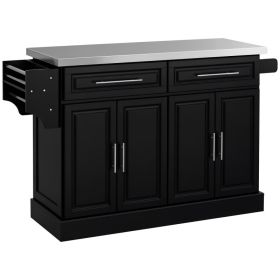 Rolling Kitchen Island Cart with Wheels, Portable Island Table for Kitchen with Stainless Steel Top, Adjustable Shelves, 2 Drawers, Spice, Knife (Option: Black-930x485x210 mm)