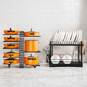 Multifunctional Adjustable Pot & Pan Organizer Rack With Dish Drying Rack, 2-Piece Kitchen Countertop Storage Set For Pots, Lids, Bowls And Dishe (Option: Black)