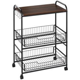 3 Tier Rolling Kitchen Cart with Storage, Kitchen Island Cart on Wheels with 2 Sliding Fruit Basket, Microwave Cart with Side Hooks for Dining R (Option: Walnut-650x445x140 mm)